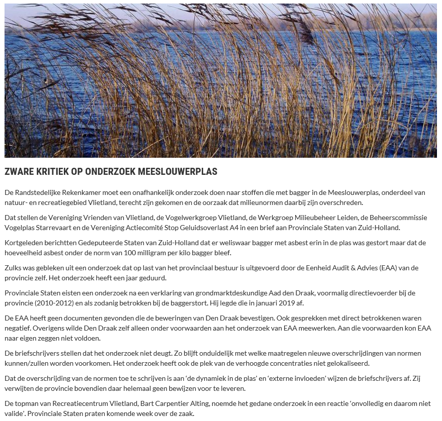 Nieuwsbericht 16 januari 2020 op Vlietnieuws over Zware kritiek op onderzoek Meeslouwerplas