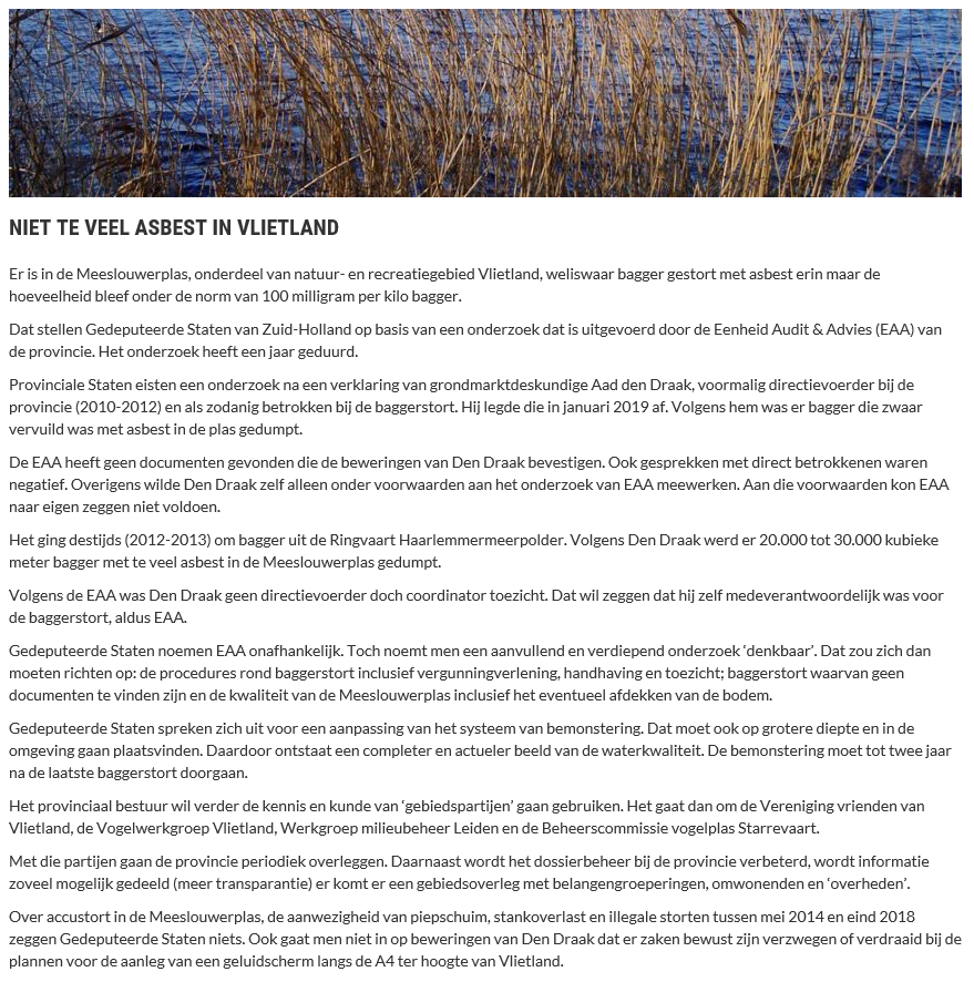 Nieuwsbericht 10 januari 2020 op Vlietnieuws over Niet te veel asbest in Vlietland