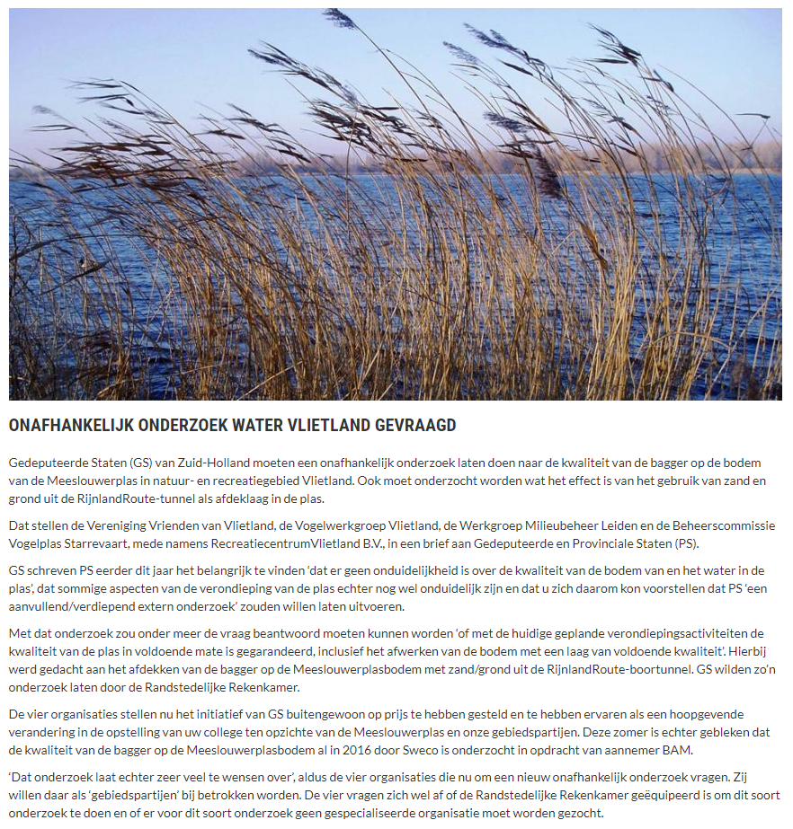 Nieuwsbericht 14 augustus 2020 op Vlietnieuws over Onafhankelijk onderzoek water Vlietland gevraagd