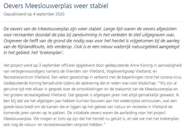Nieuwsitem 4 september 2020 op website PZH over Oevers Meeslouwerplas weer stabiel (1)
